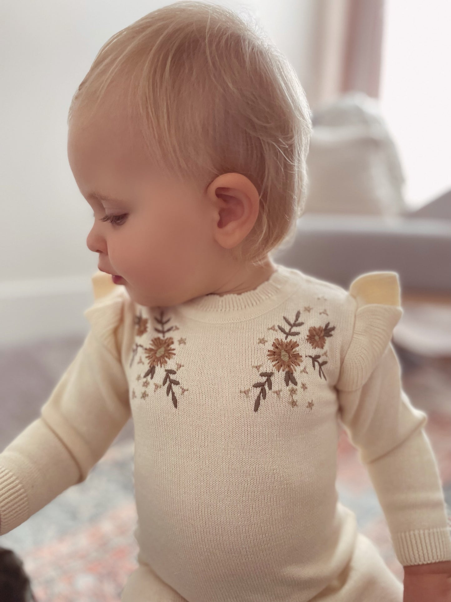 Milan Floral Embroidered Ruffle Knit Baby Jumpsuit