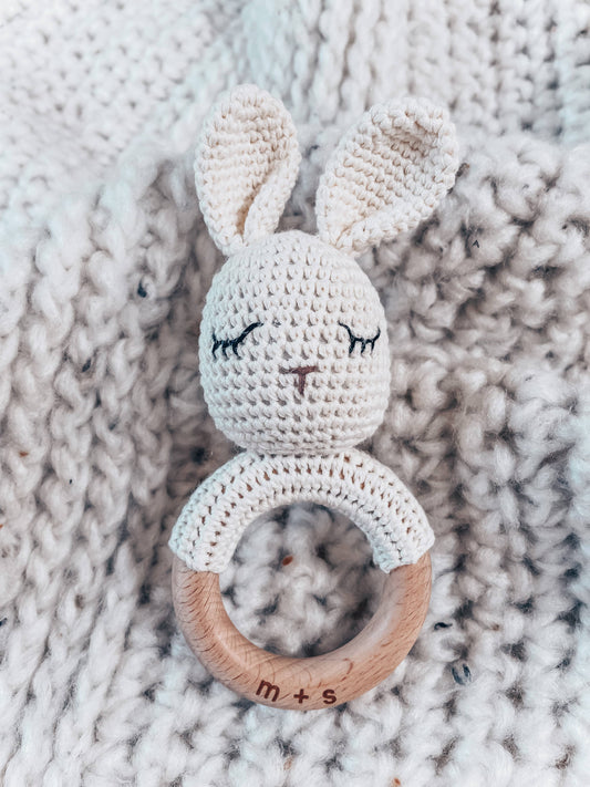 100% Organic Bunny Hand Crochet Rattle in Cream