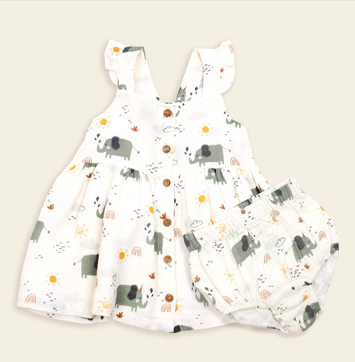 Elephant Button Baby Dress + Bloomer SET (Organic Muslin)