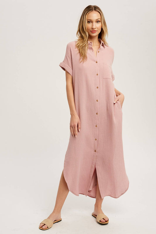 Button Down Shirt Dress in Dusty Pink