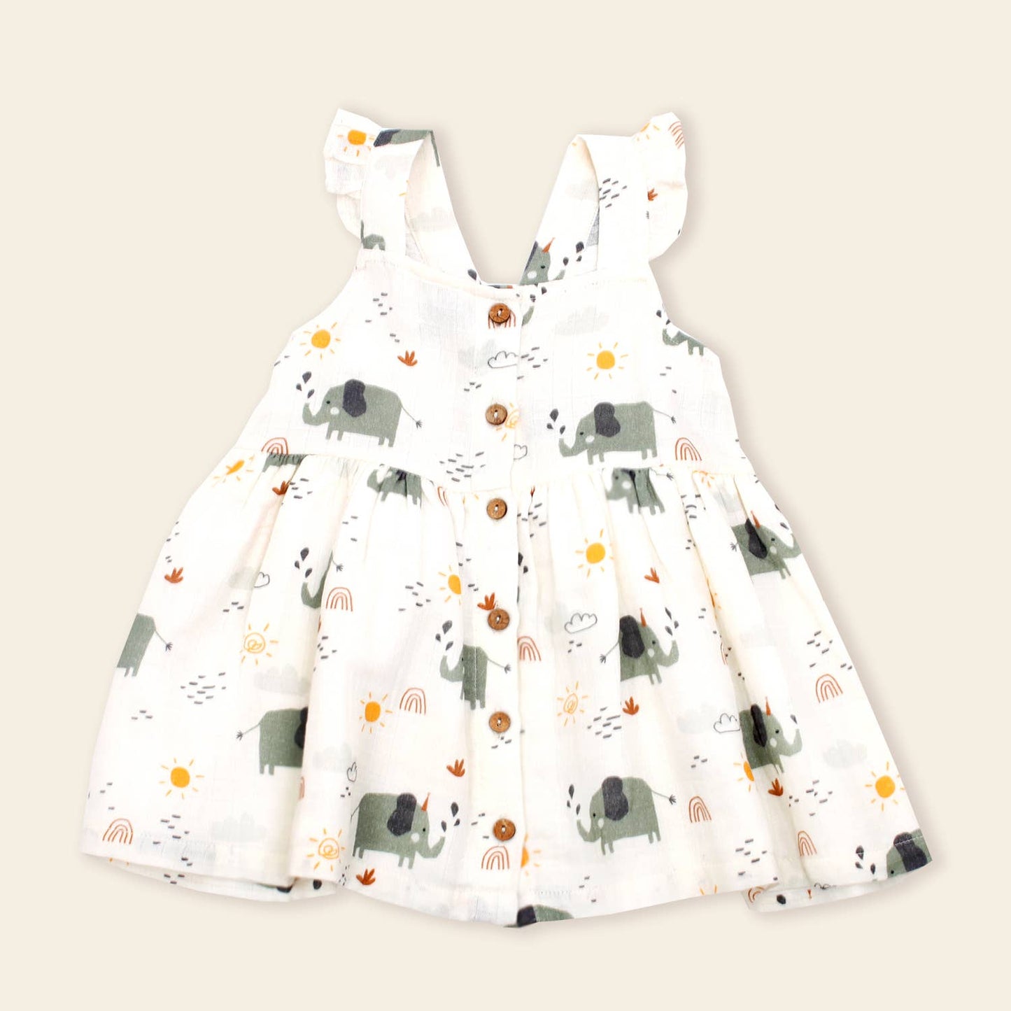 Elephant Button Baby Dress + Bloomer SET (Organic Muslin)